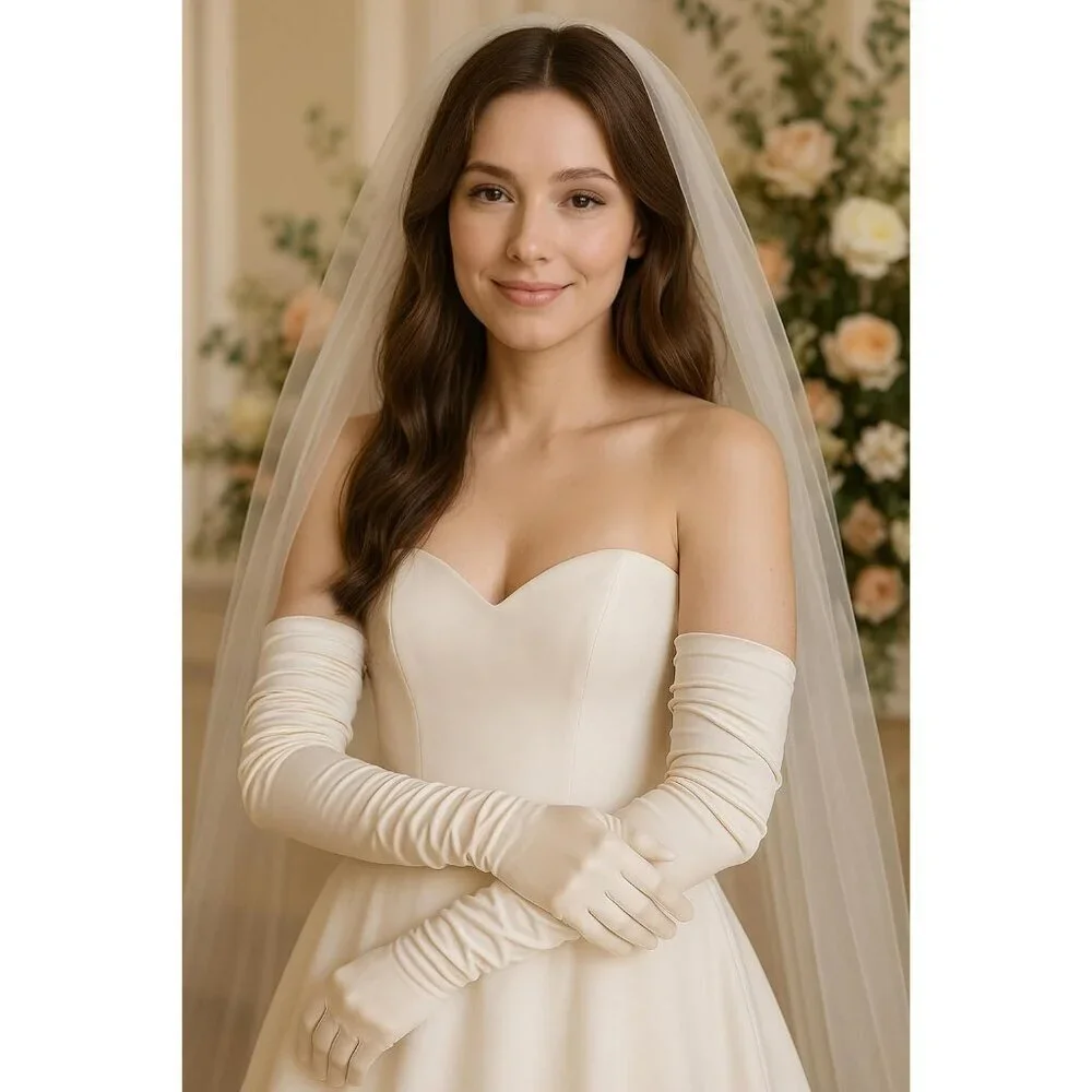 Women's Long Satin Gloves Champagne Stretchy Upper Arm Length Costume Design